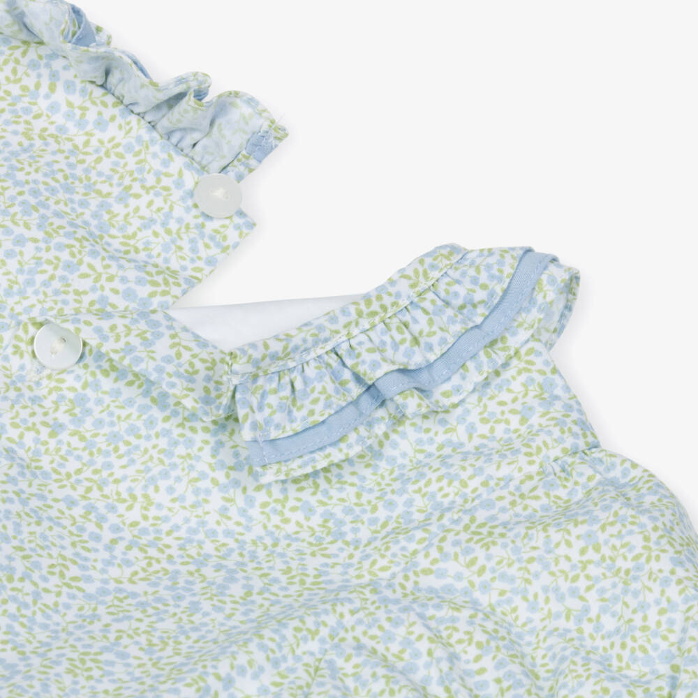 Kidiwi-Girls Blue & Green Cotton Floral Dress with Hand-Smocking | Childrensalon Outlet