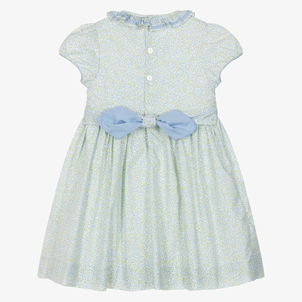 Kidiwi-Girls Blue & Green Cotton Floral Dress with Hand-Smocking | Childrensalon Outlet