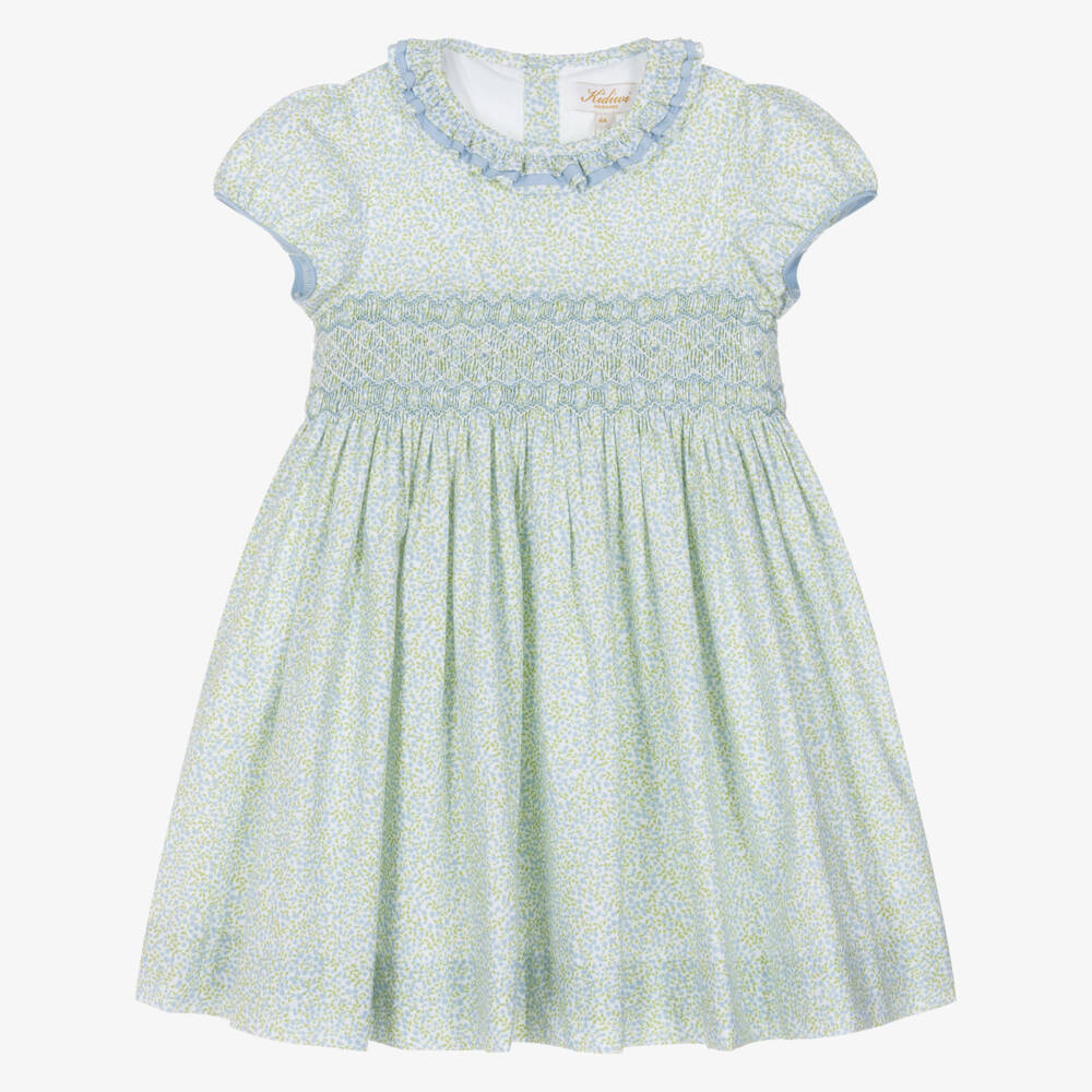 Kidiwi-Girls Blue & Green Cotton Floral Dress with Hand-Smocking | Childrensalon Outlet
