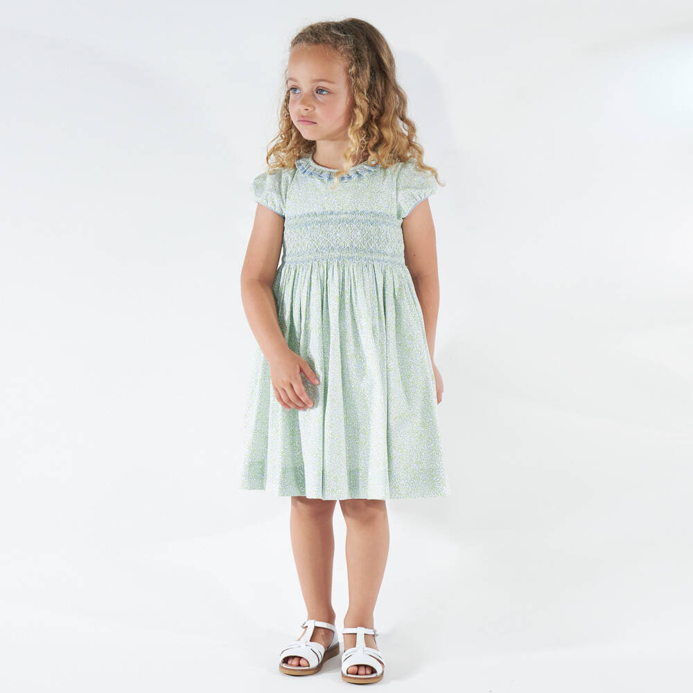 Kidiwi-Girls Blue & Green Cotton Floral Dress with Hand-Smocking | Childrensalon Outlet