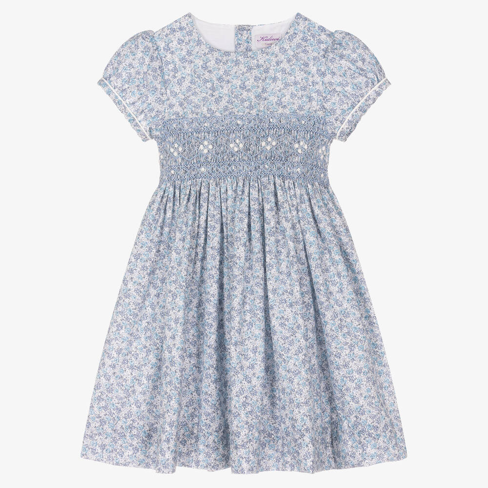 Kidiwi - Girls Blue & Grey Floral Smocked Dress | Childrensalon