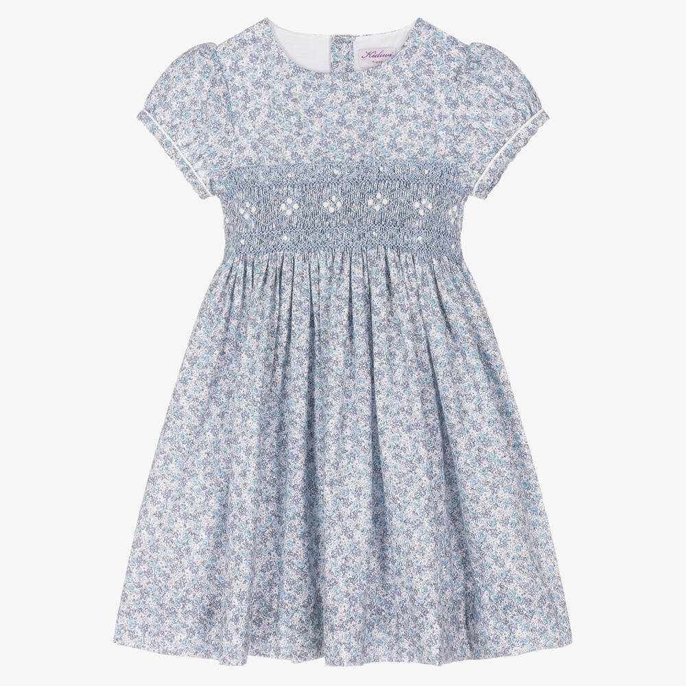 Kidiwi - Robe smockée bleue grise à fleurs | Childrensalon