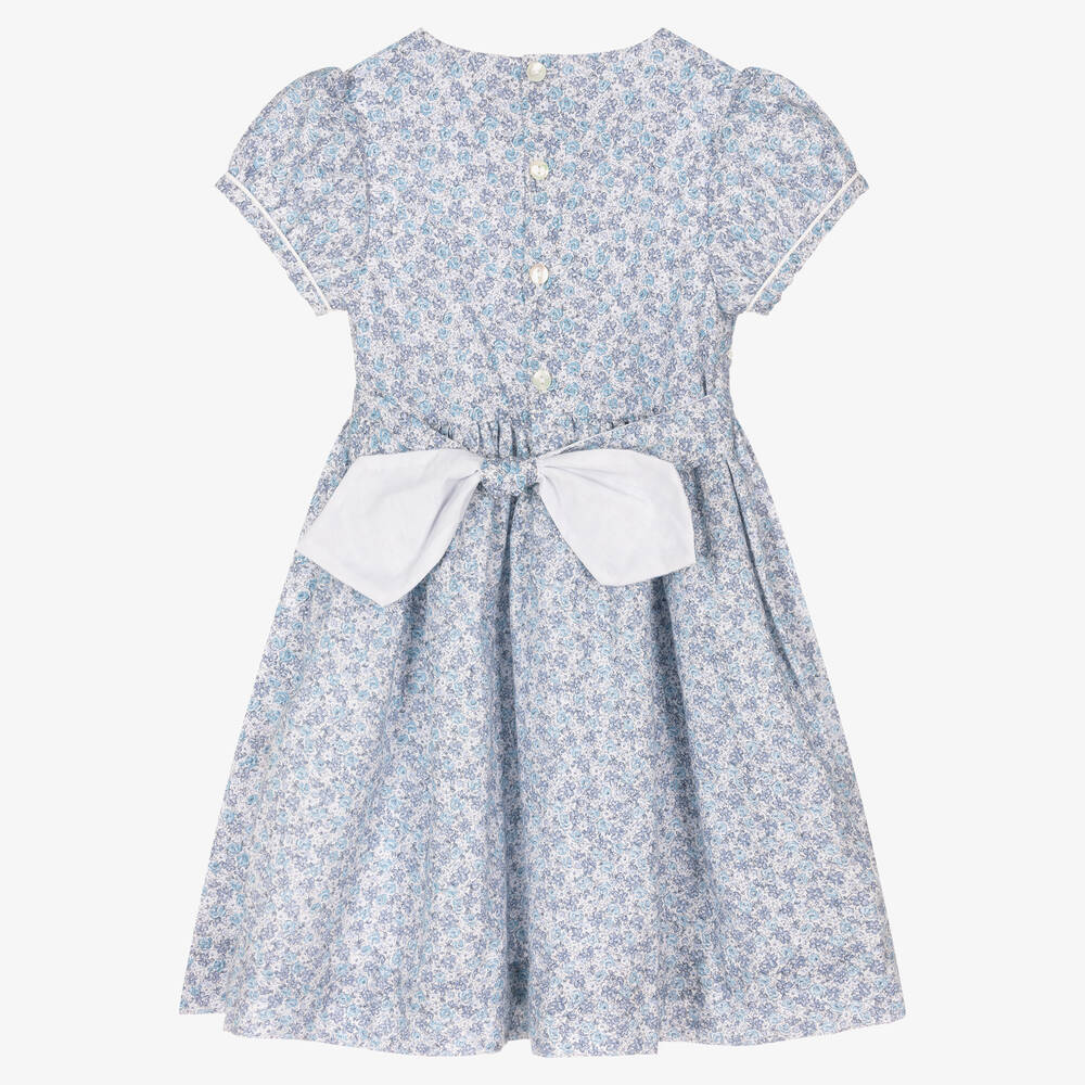 Kidiwi-Girls Blue & Grey Floral Smocked Dress | Childrensalon Outlet