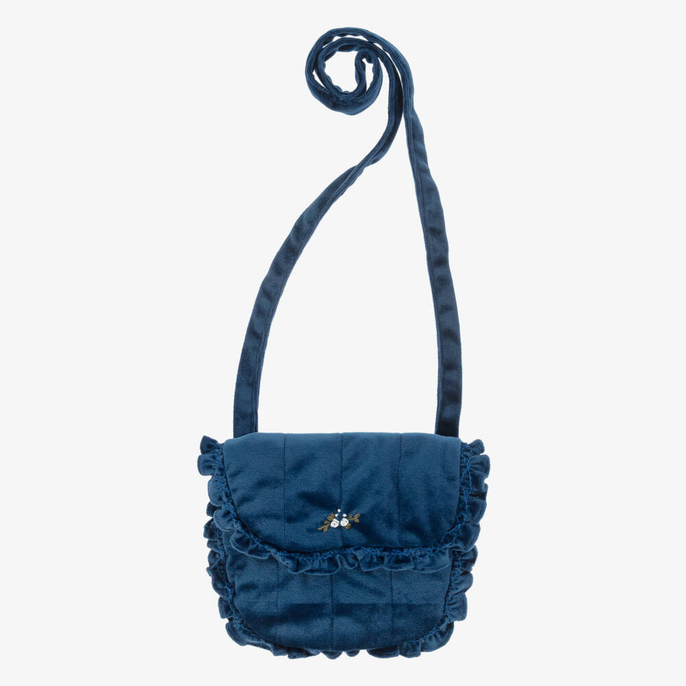 Kidiwi-Girls Blue Hand-Embroidered Velvet Shoulder Bag (19cm) | Childrensalon Outlet