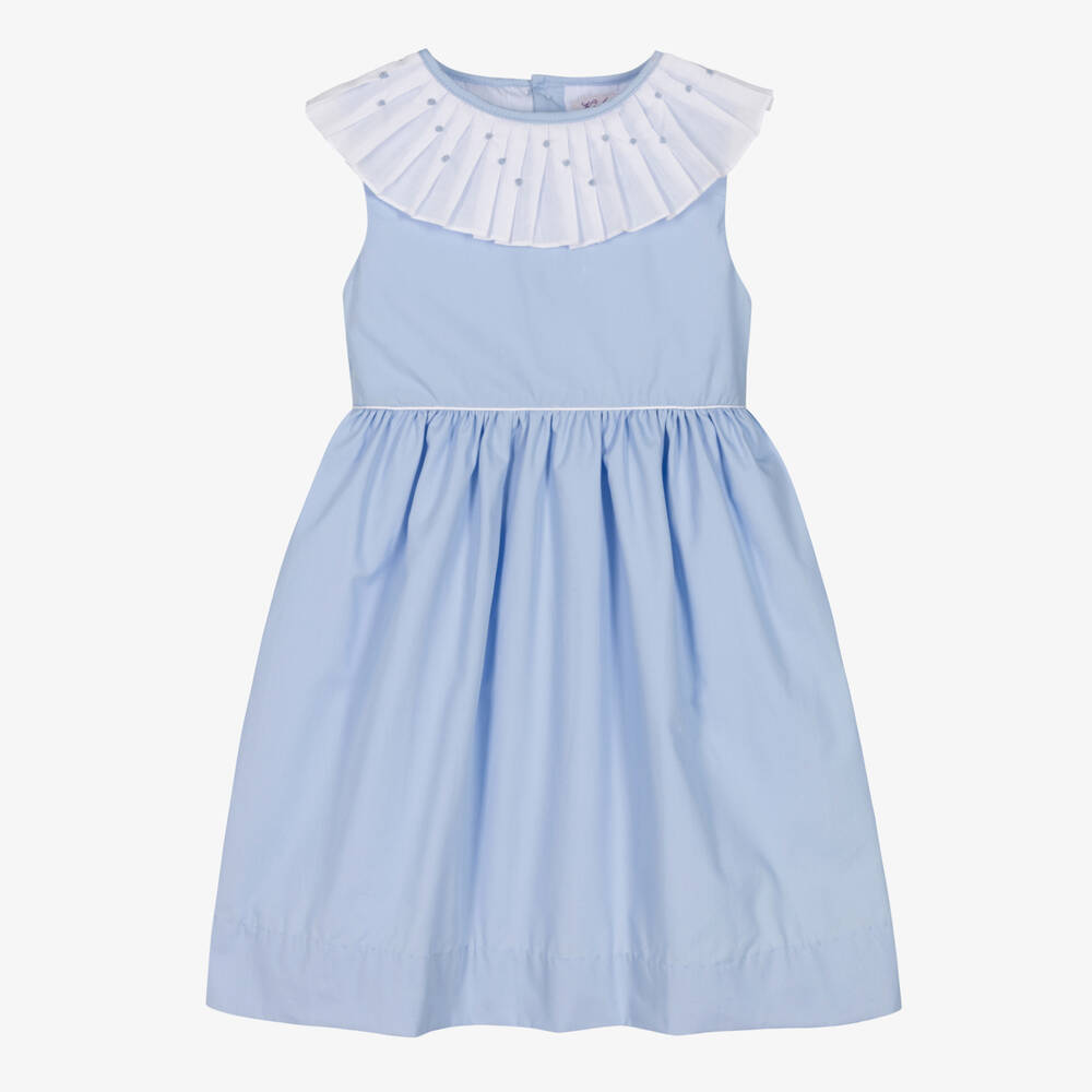 Kidiwi - Girls Blue Pleated Collar Cotton Dress | Childrensalon