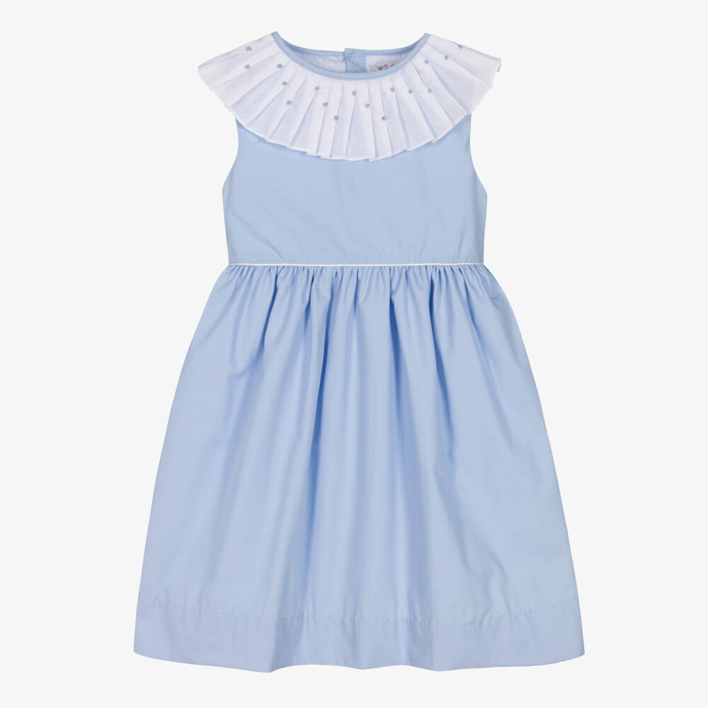 Kidiwi - Robe bleue en coton à col plissé | Childrensalon