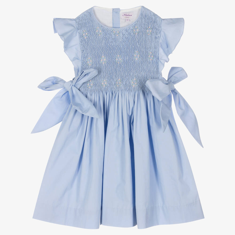 Kidiwi - Robe bleue à smocks en coton fille | Childrensalon