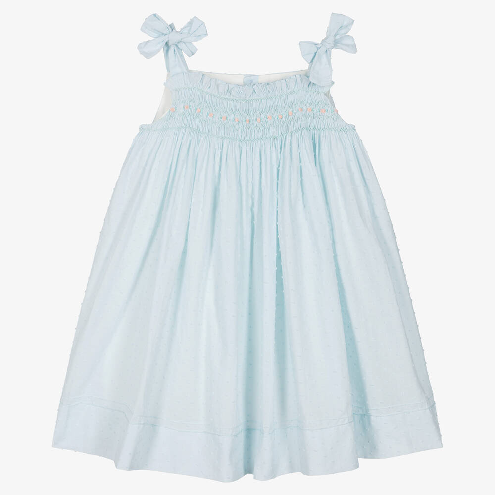 Kidiwi - Girls Blue Smocked Cotton Plumetis Dress | Childrensalon