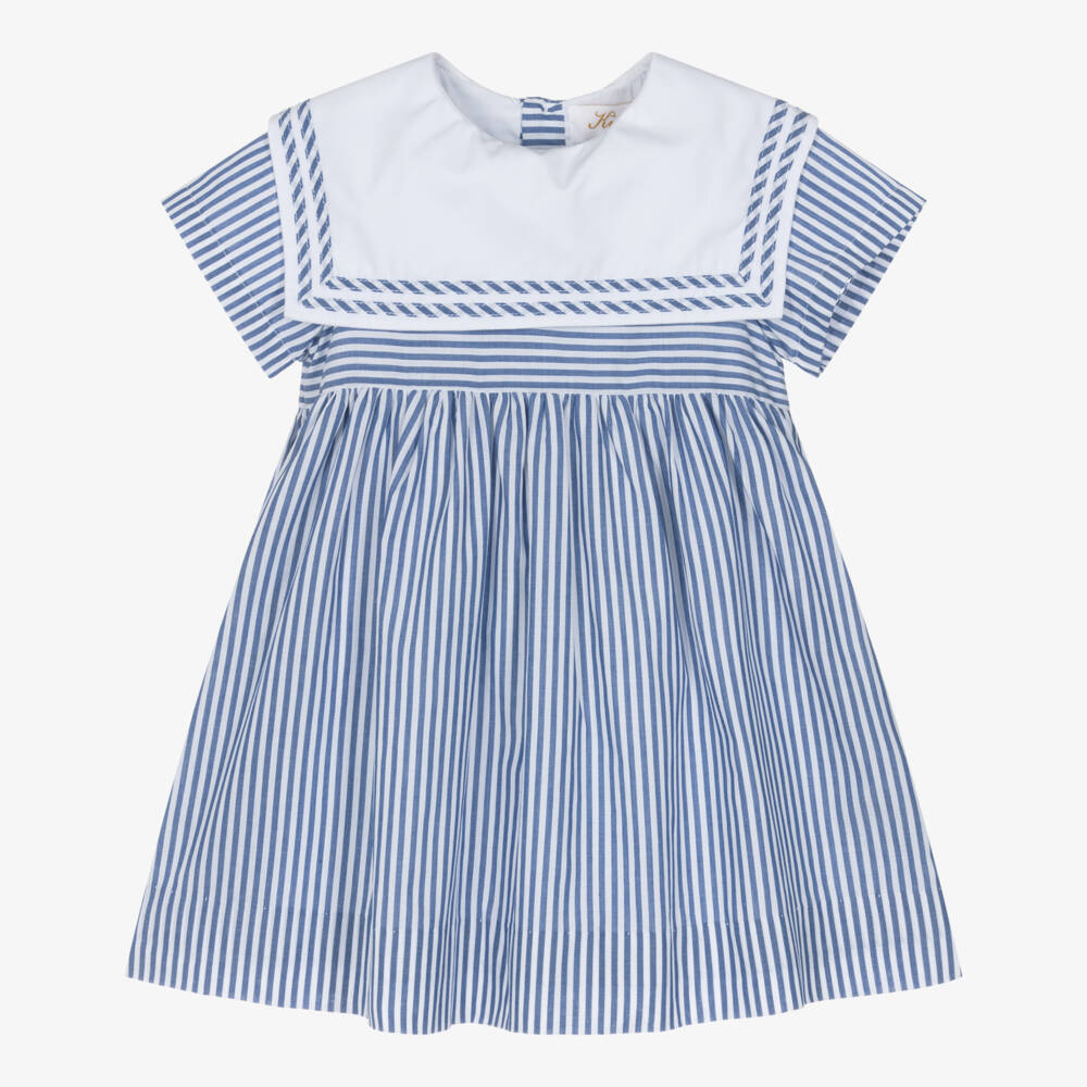 Kidiwi-Girls Blue Striped Cotton Dress with Sailor Collar | Childrensalon Outlet