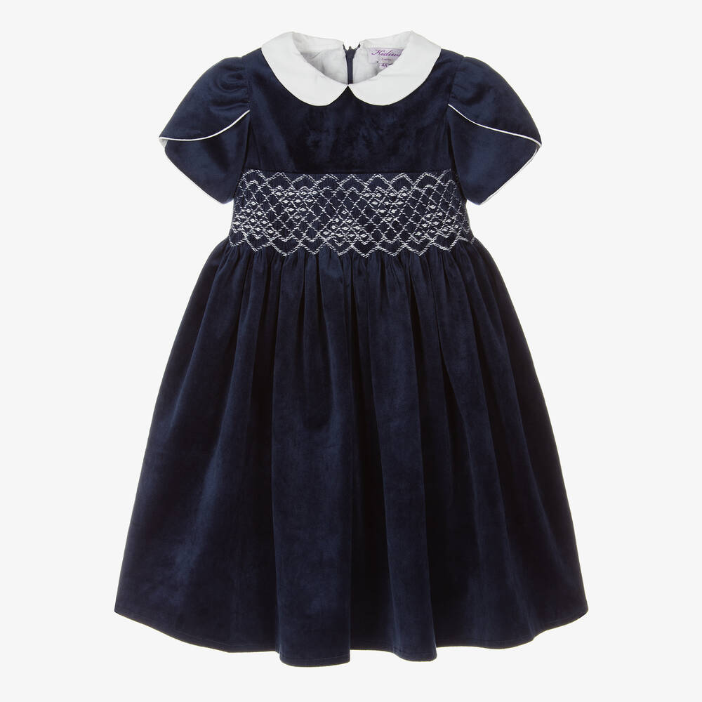 Kidiwi - Girls Blue Velvet Smocked Dress | Childrensalon