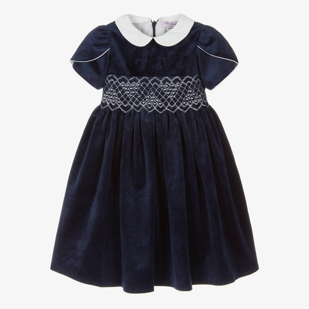 Kidiwi - Robe à smocks en velours bleu marine fille | Childrensalon