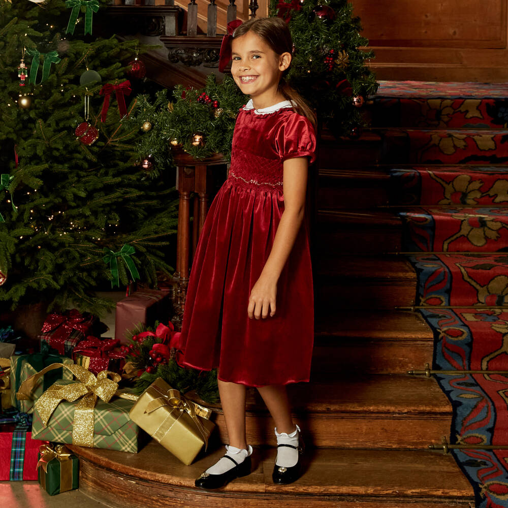 Kidiwi-Girls Burgundy Hand-Smocked Velvet Dress | Childrensalon Outlet