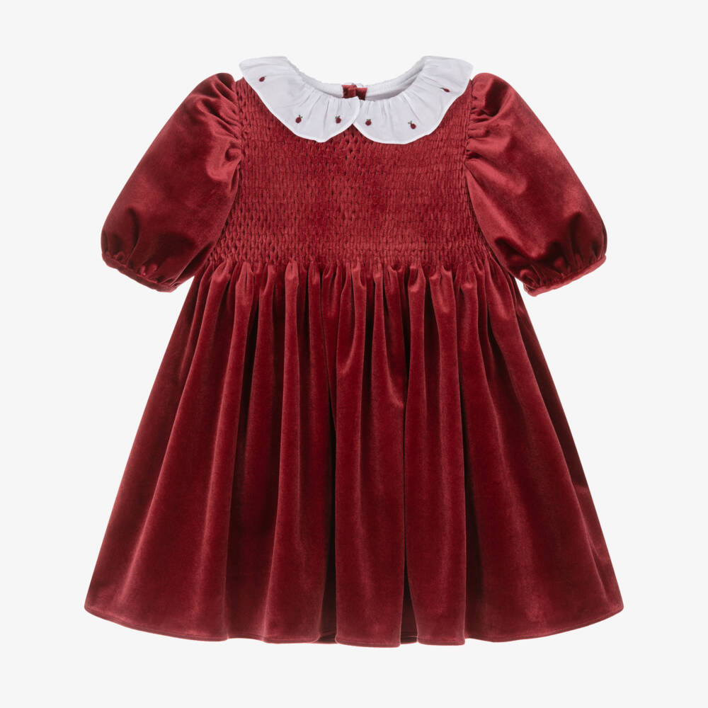 Kidiwi-Girls Burgundy Red Smocked Velvet Dress | Childrensalon Outlet