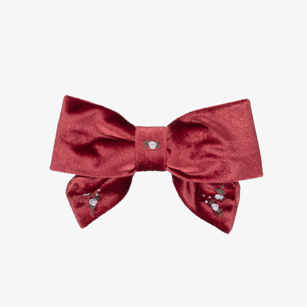 Kidiwi-Girls Burgundy Red Velvet Bow Hair Clip with Floral Embroidery | Childrensalon Outlet