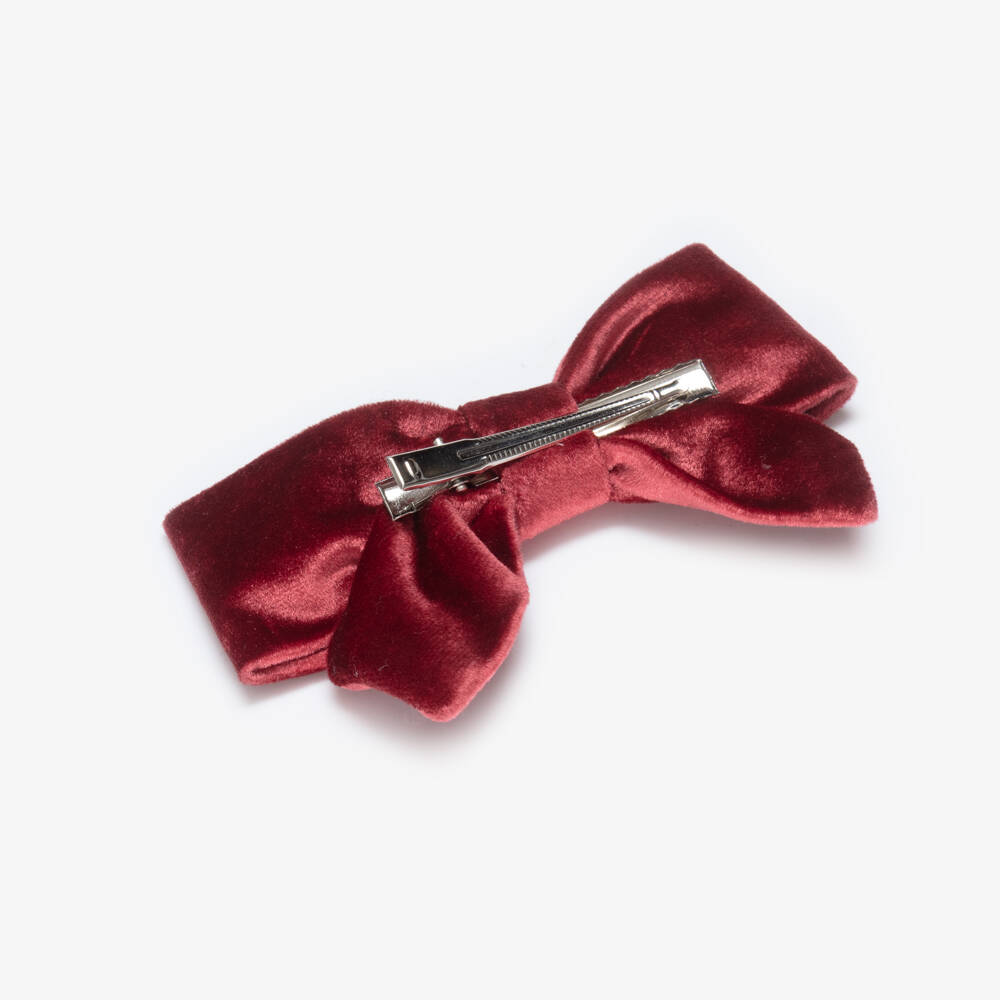 Kidiwi-Girls Burgundy Red Velvet Bow Hair Clip with Floral Embroidery | Childrensalon Outlet