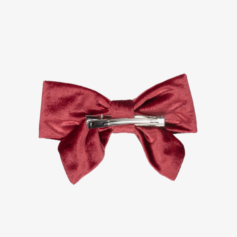 Kidiwi-Girls Burgundy Red Velvet Bow Hair Clip with Floral Embroidery | Childrensalon Outlet