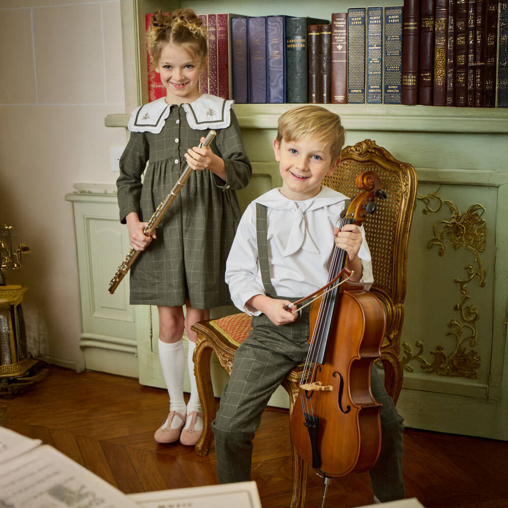 Kidiwi-Girls Green Checked Cotton Dress with Embroidered Collar | Childrensalon Outlet