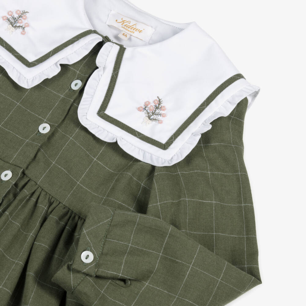 Kidiwi-Girls Green Checked Cotton Dress with Embroidered Collar | Childrensalon Outlet