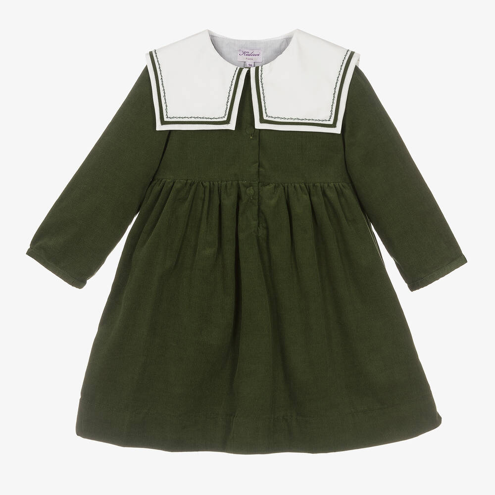 Kidiwi - Robe marinière verte en velours  | Childrensalon