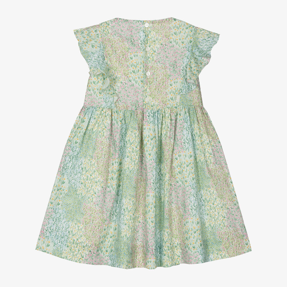 Kidiwi-فستان مطرز سموك قطن لون زهري وأخضر بطبعة ورود | Childrensalon Outlet