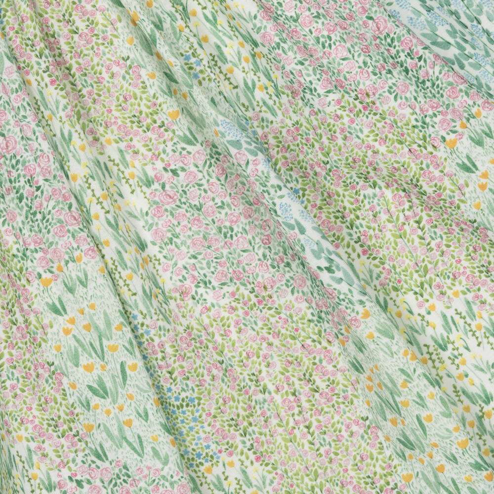 Kidiwi-فستان مطرز سموك قطن لون زهري وأخضر بطبعة ورود | Childrensalon Outlet