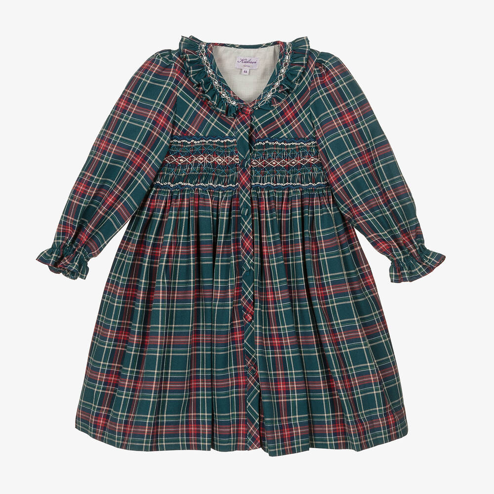 Kidiwi - Girls Green Smocked Tartan Dress  | Childrensalon