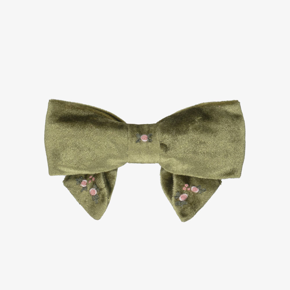 Kidiwi-Girls Green Velvet Hand-Embroidered Hair Clip (15cm) | Childrensalon Outlet