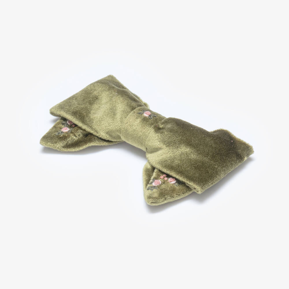 Kidiwi-Girls Green Velvet Hand-Embroidered Hair Clip (15cm) | Childrensalon Outlet