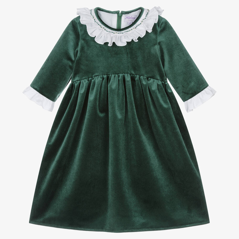Kidiwi - Girls Green Velvet Smocked Collar Dress | Childrensalon