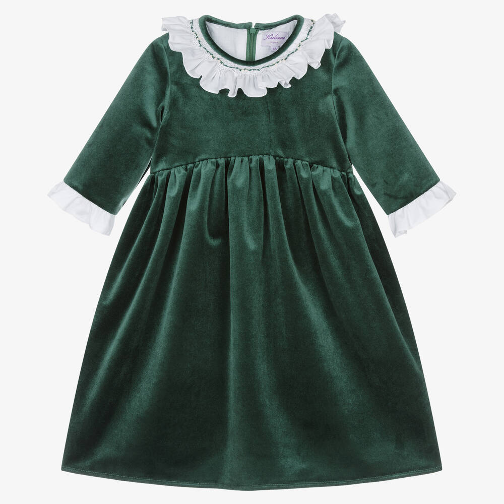 Kidiwi - Grünes Samtkleid mit Smok-Kragen | Childrensalon