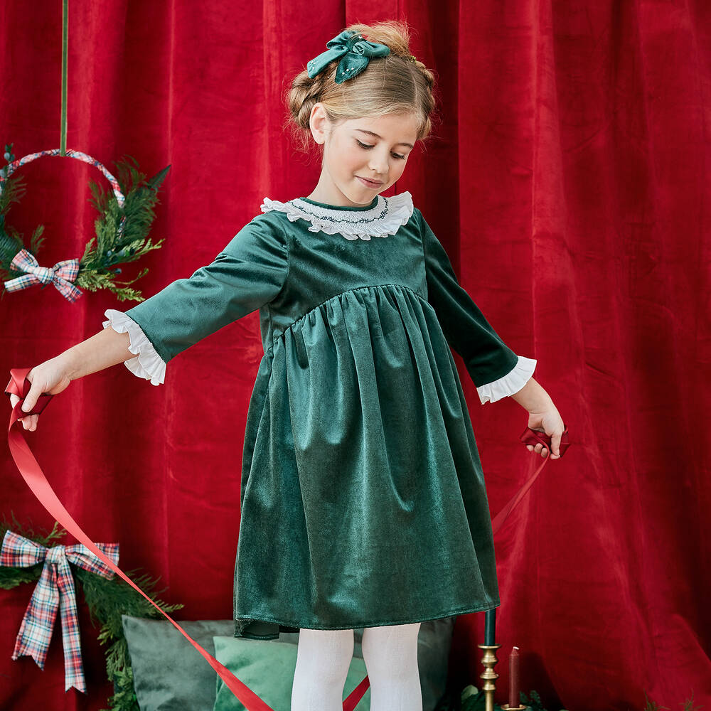 Kidiwi-Girls Green Velvet Smocked Collar Dress | Childrensalon Outlet