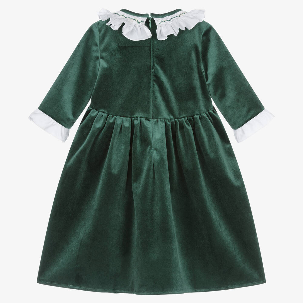 Kidiwi-Girls Green Velvet Smocked Collar Dress | Childrensalon Outlet