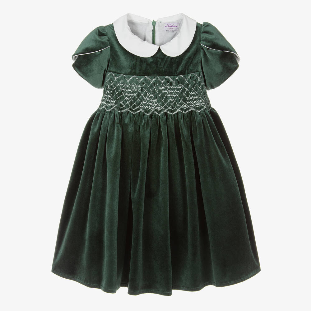 Kidiwi - Girls Green Velvet Smocked Dress | Childrensalon