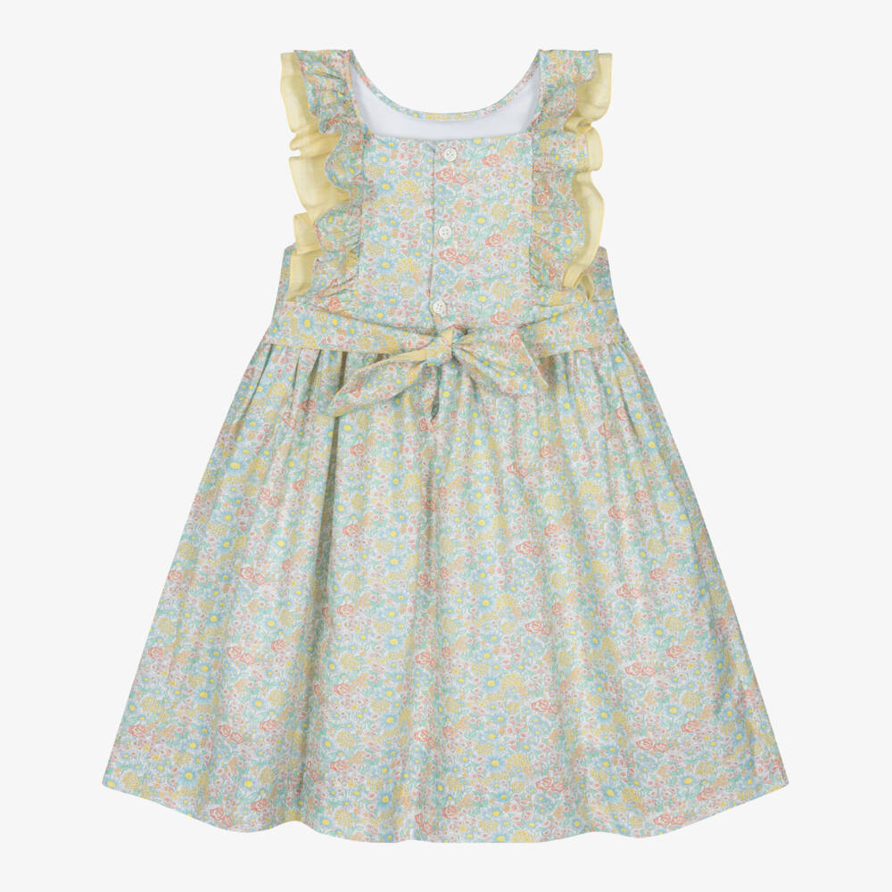 Kidiwi-Girls Green & Yellow Floral Hand-Smoked Dress | Childrensalon Outlet