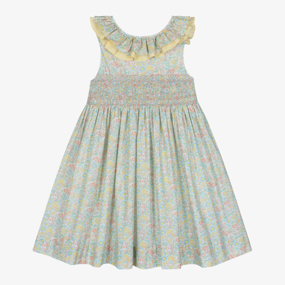 Kidiwi-Girls Green & Yellow Floral Hand-Smoked Dress | Childrensalon Outlet