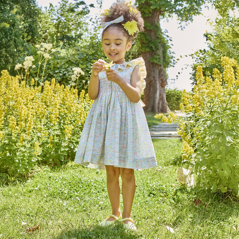 Kidiwi-Girls Green & Yellow Floral Hand-Smoked Dress | Childrensalon Outlet