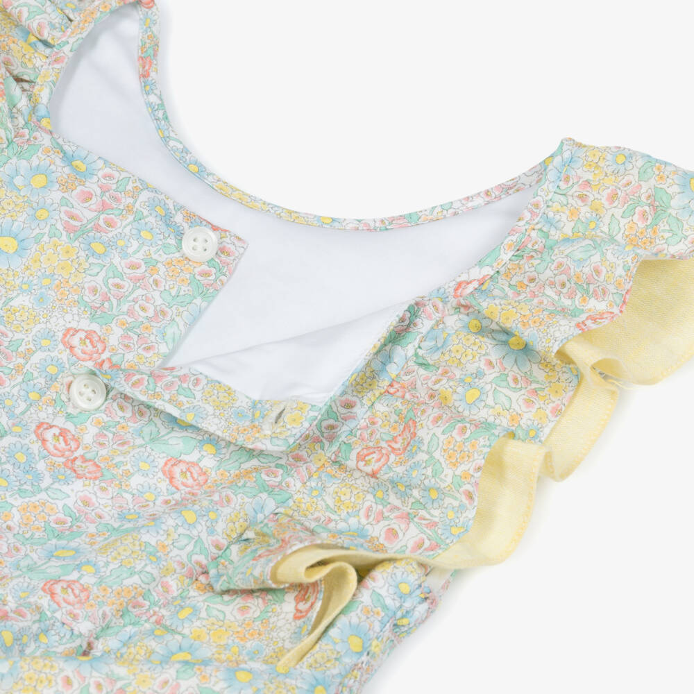 Kidiwi-Girls Green & Yellow Floral Hand-Smoked Dress | Childrensalon Outlet