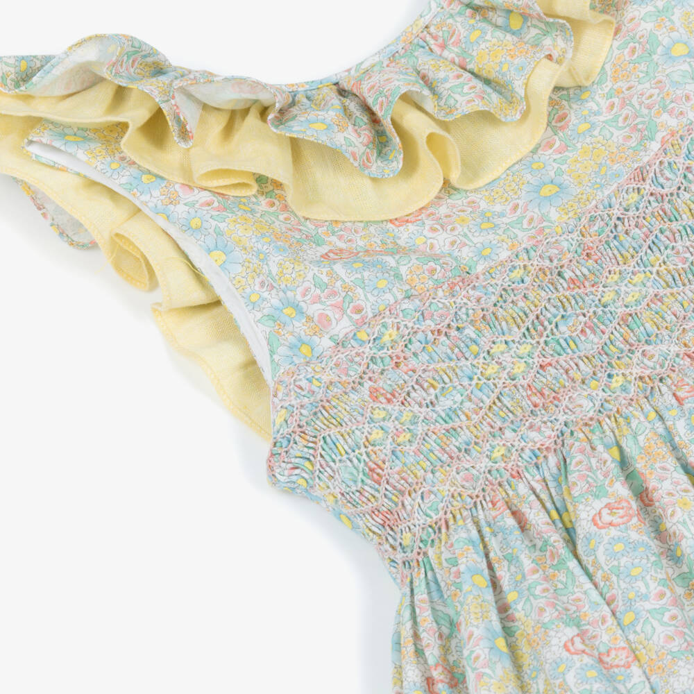 Kidiwi-Girls Green & Yellow Floral Hand-Smoked Dress | Childrensalon Outlet