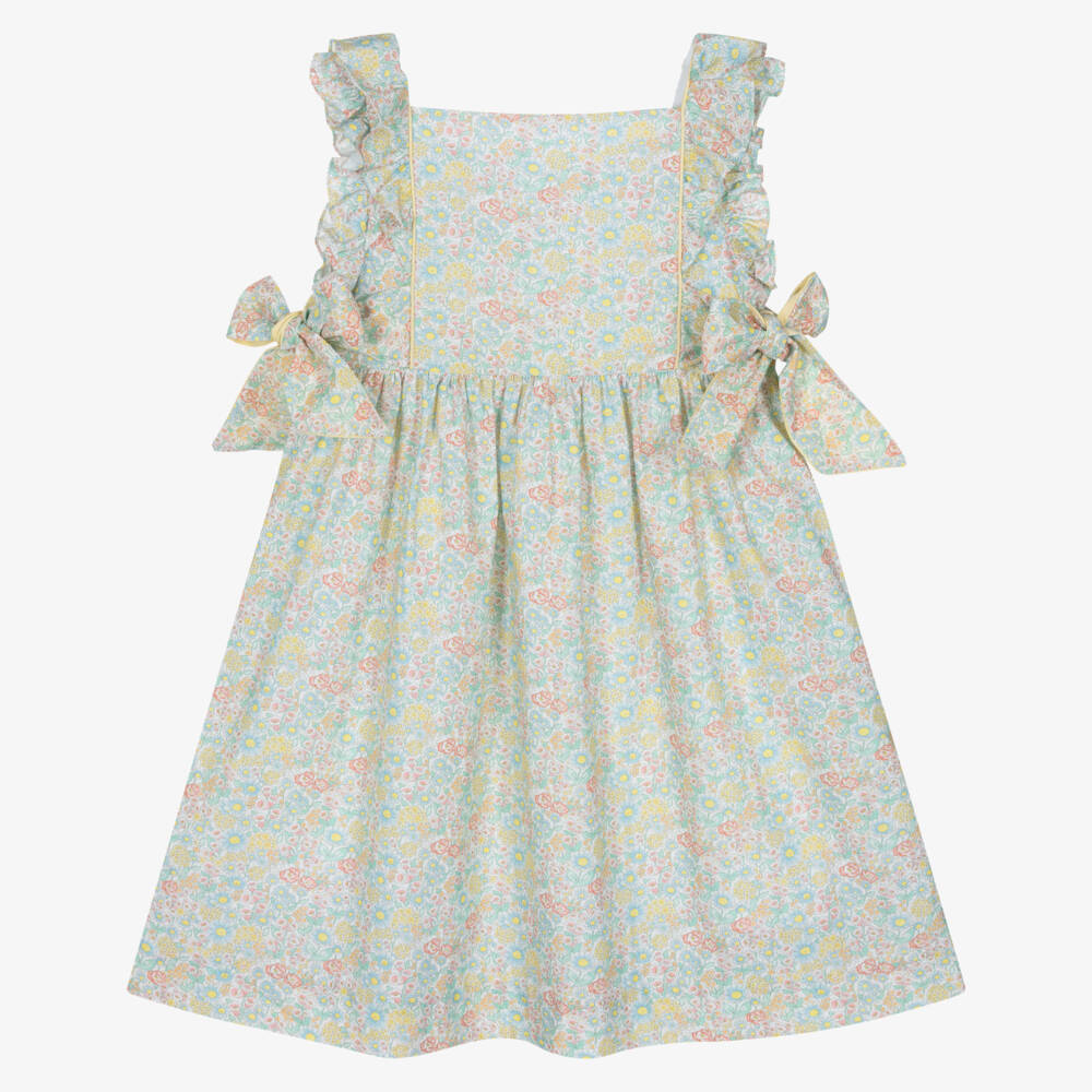Kidiwi-Girls Green & Yellow Floral Print Dress with Side Bows | Childrensalon Outlet