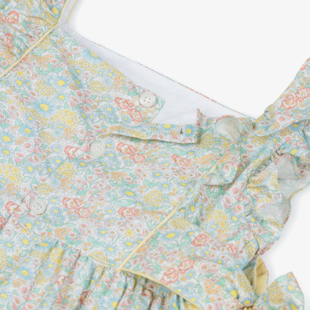Kidiwi-Girls Green & Yellow Floral Print Dress with Side Bows | Childrensalon Outlet