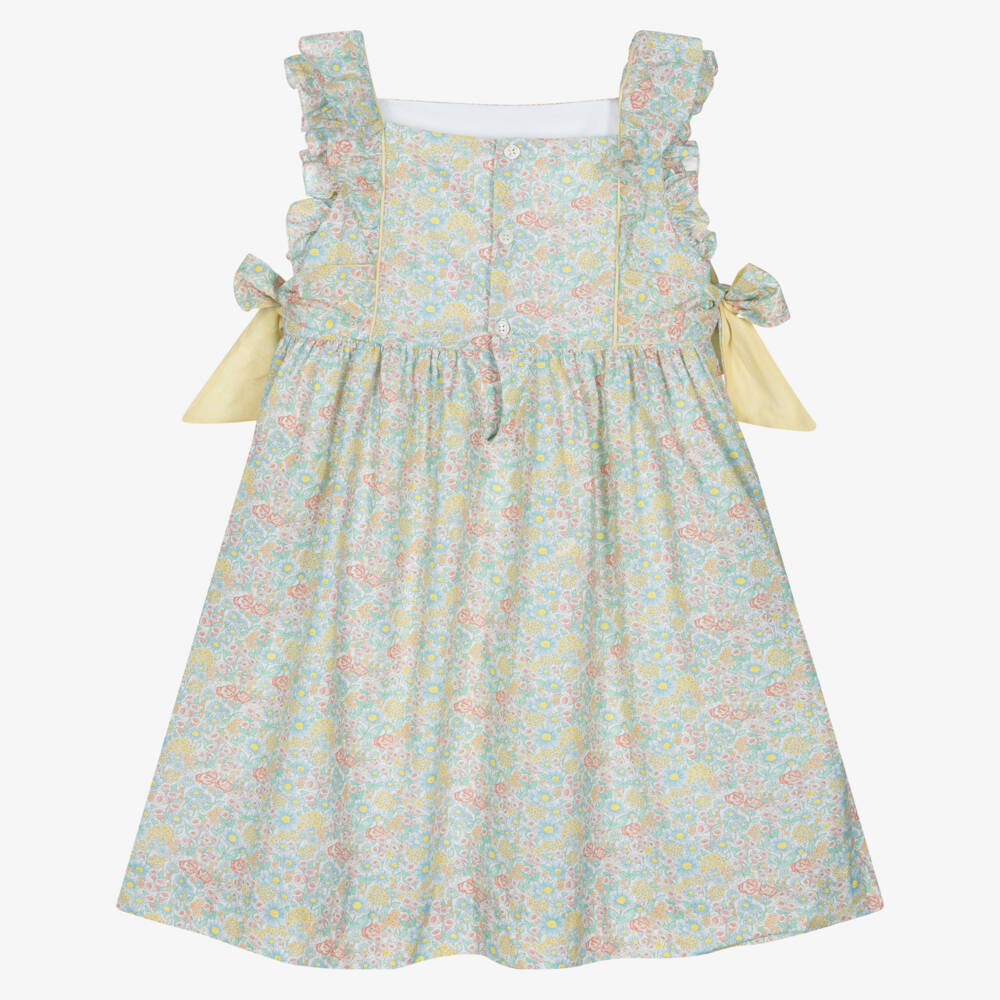 Kidiwi-Girls Green & Yellow Floral Print Dress with Side Bows | Childrensalon Outlet