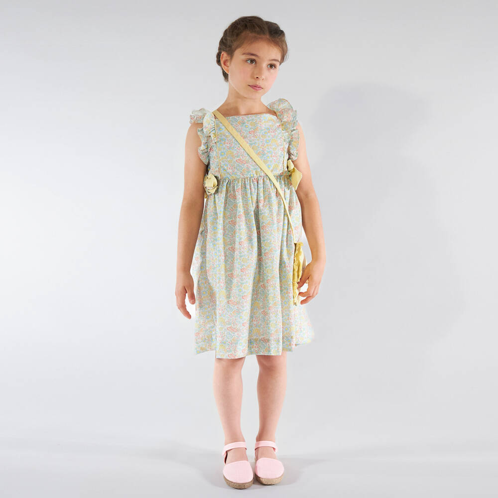 Kidiwi-Girls Green & Yellow Floral Print Dress with Side Bows | Childrensalon Outlet