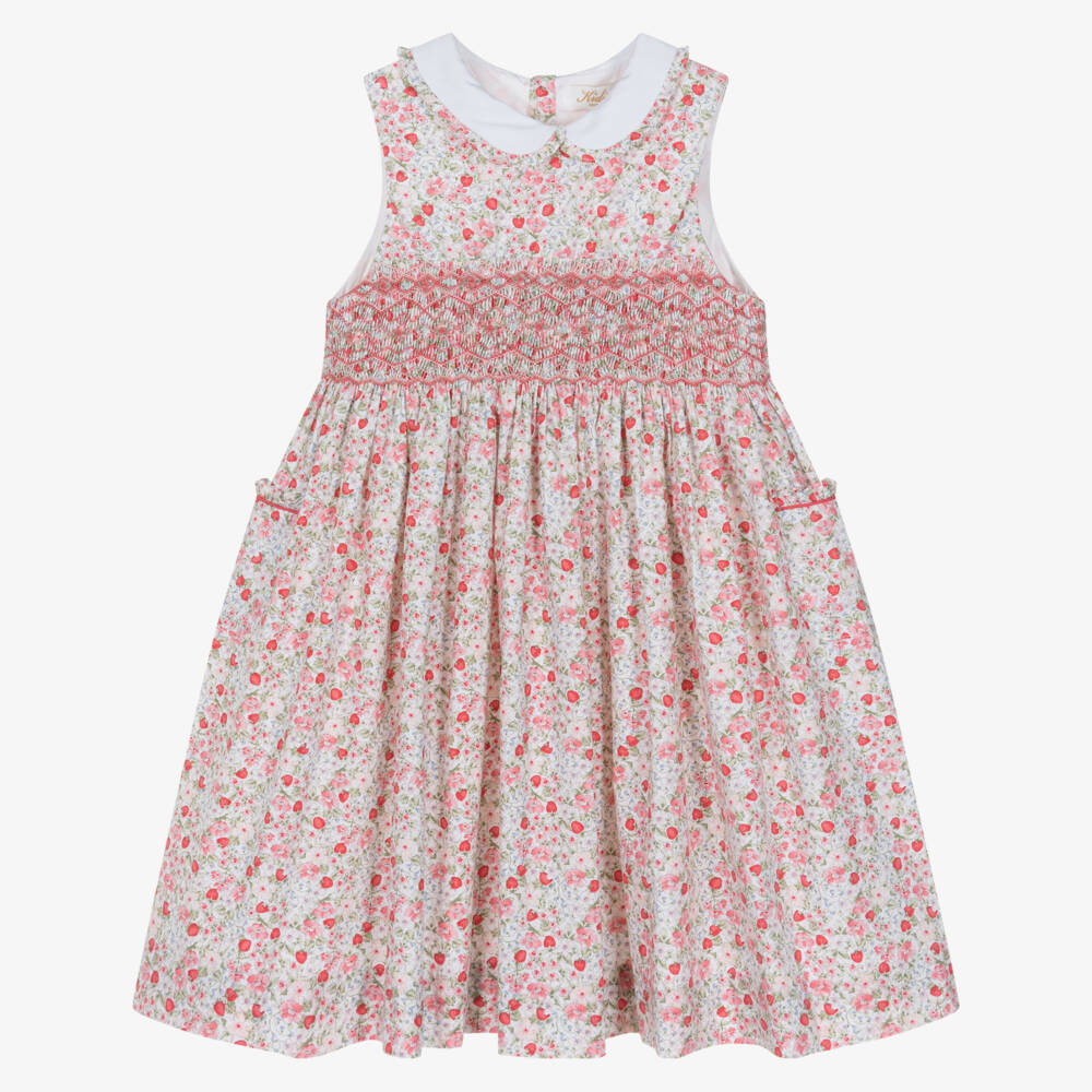 Kidiwi-Girls Hand-Smocked Red Strawberry & Floral Poplin Dress | Childrensalon Outlet