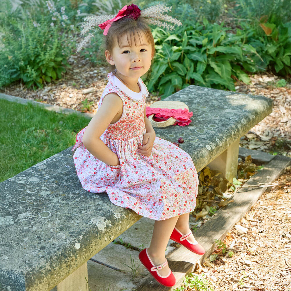 Kidiwi-Girls Hand-Smocked Red Strawberry & Floral Poplin Dress | Childrensalon Outlet