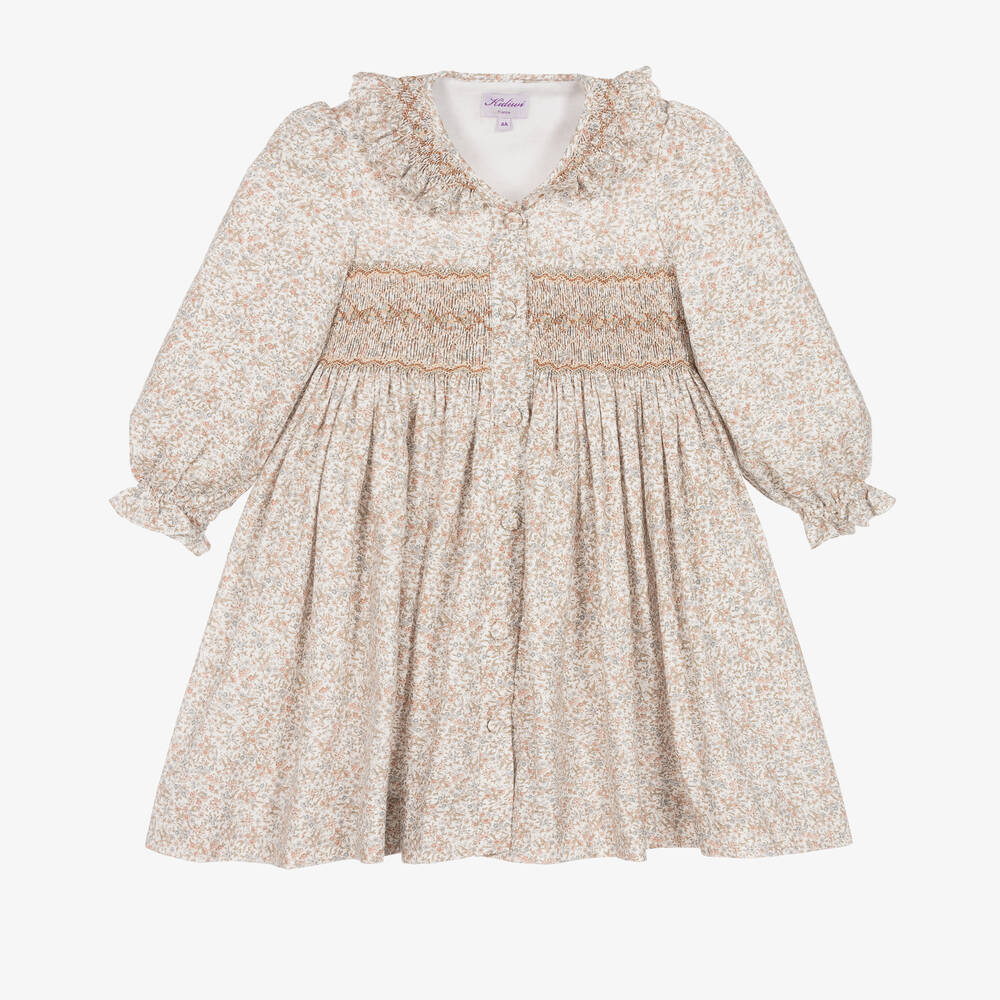 Kidiwi - Girls Ivory Cotton Smocked Floral Dress | Childrensalon