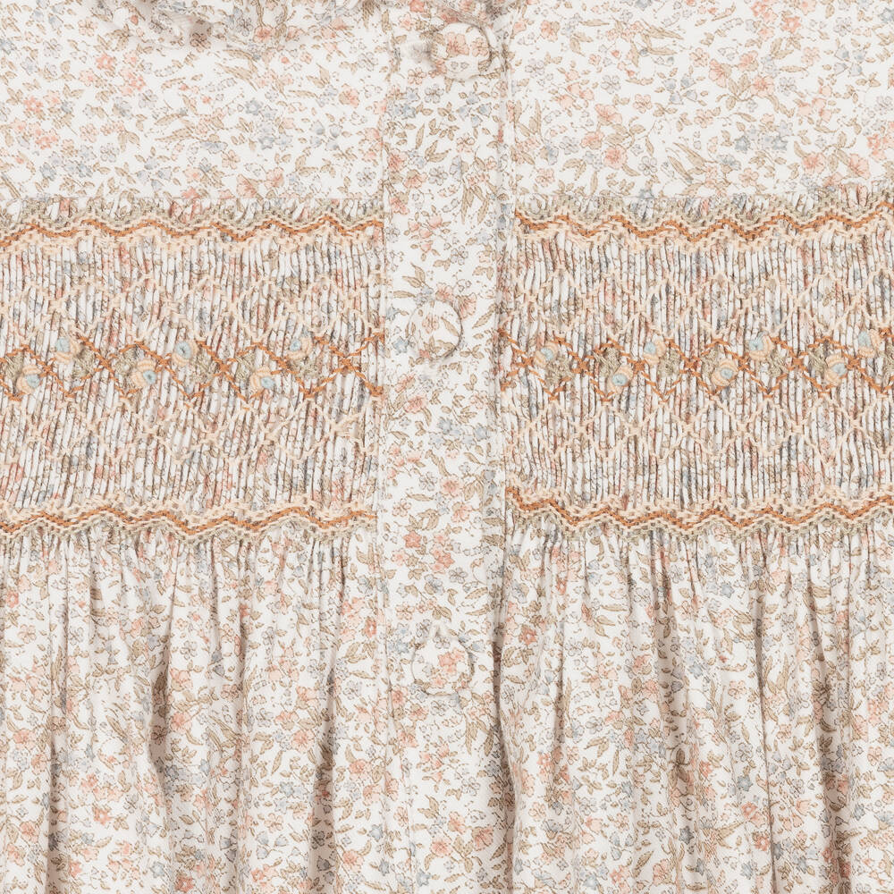 Kidiwi-Girls Ivory Cotton Smocked Floral Dress | Childrensalon Outlet