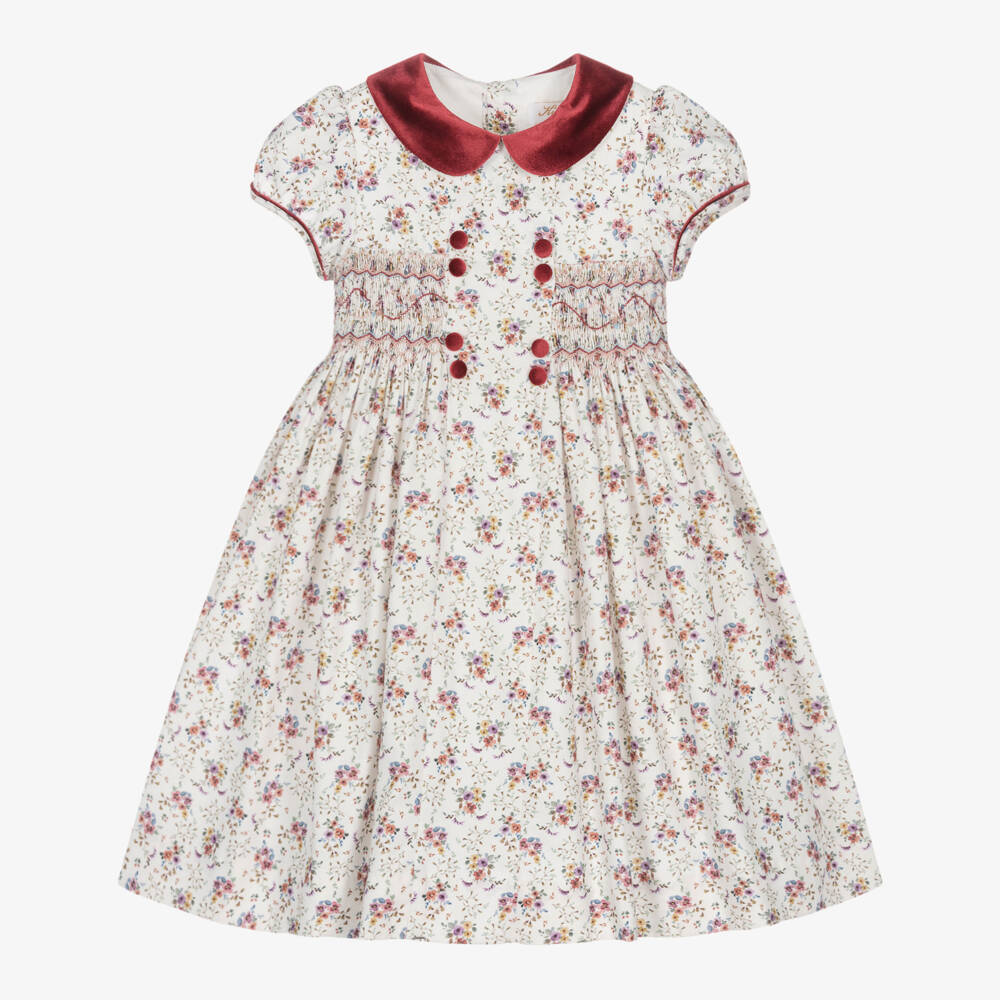 Kidiwi-Girls Ivory Floral Hand-Smocked Cotton Dress | Childrensalon Outlet