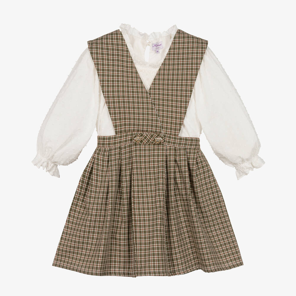 Kidiwi - Girls Ivory & Green Cotton Pinafore Dress Set | Childrensalon