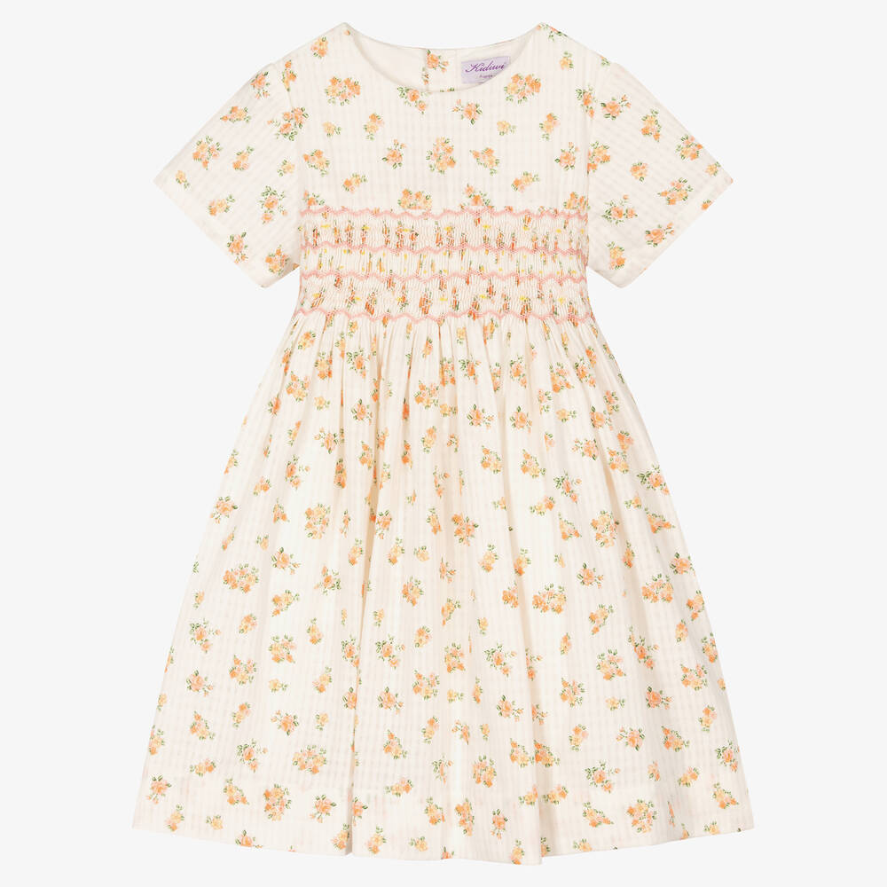 Kidiwi - Girls Ivory & Orange Floral Smocked Dress | Childrensalon