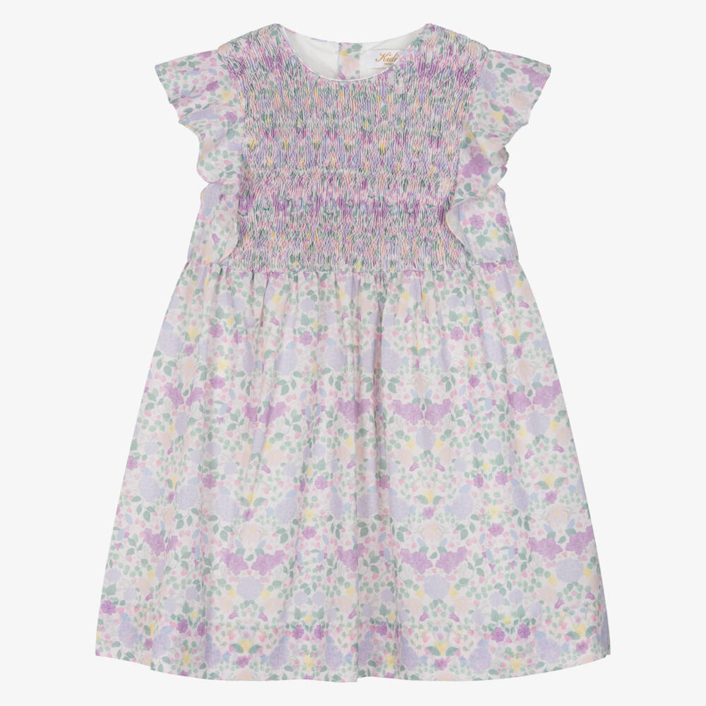 Kidiwi-Girls Lilac Cotton Floral Dress with Hand-Smocking | Childrensalon Outlet
